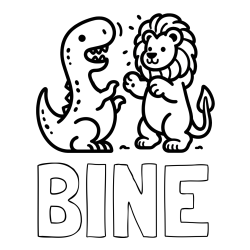Online izdelana pobarvanka - Pobarvanka imena BINE in pobarvanka dinozavra, ki napada leva