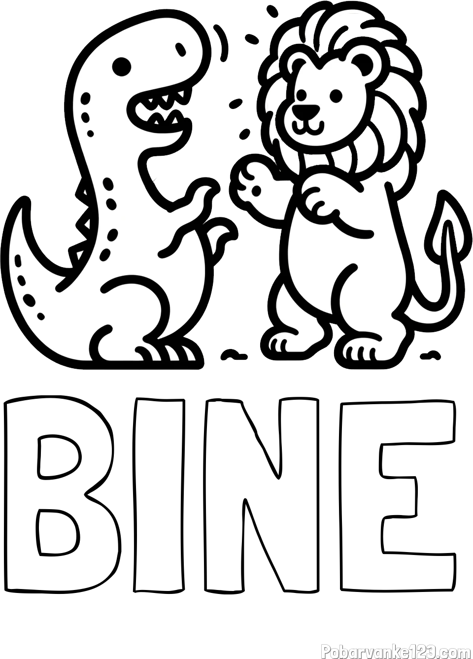 Pobarvanka imena BINE in pobarvanka dinozavra, ki napada leva