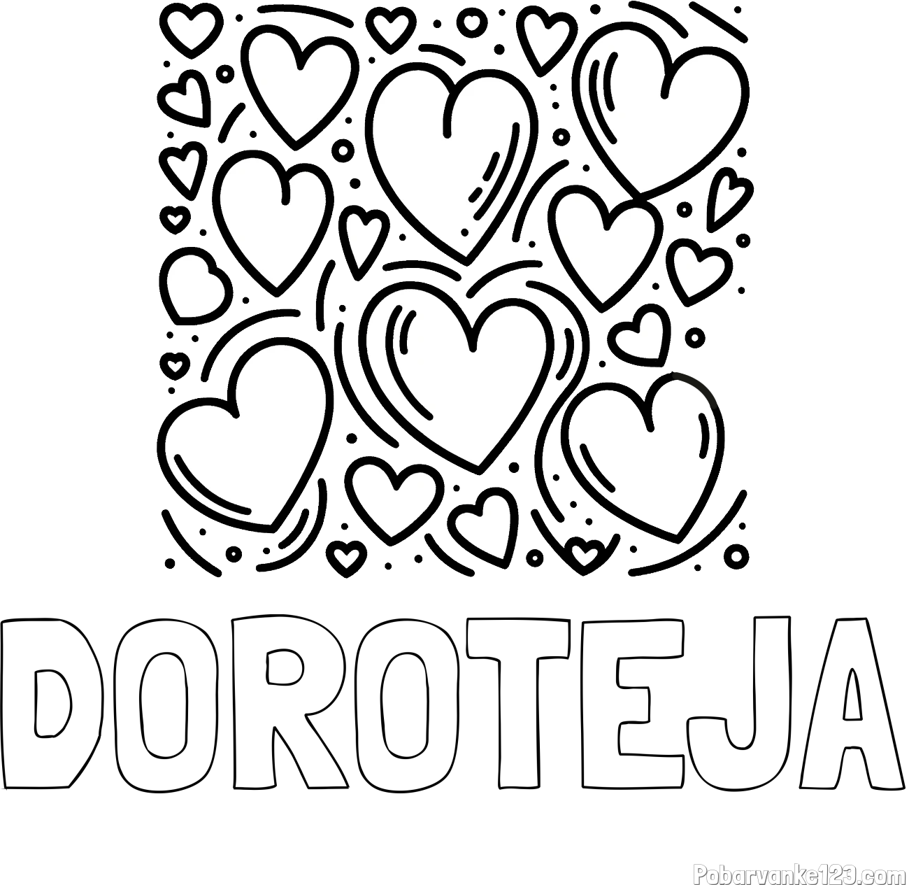 Pobarvanka imena DOROTEJA in pobarvanka s srčki