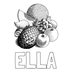 Online izdelana pobarvanka - Pobarvanka imena ELLA in pobarvanka sadja (ananas, melona, jabolka, kivi, grozdje, pomaranča...)