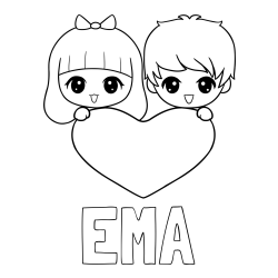Online izdelana pobarvanka - Pobarvanka imena EMA in pobarvanka fantka in deklice, ki objemata srček