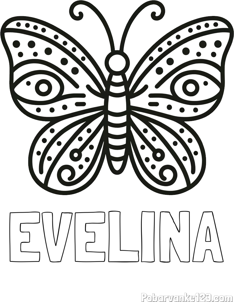 Pobarvanka imena EVELINA in preprosta pobarvanka metulja