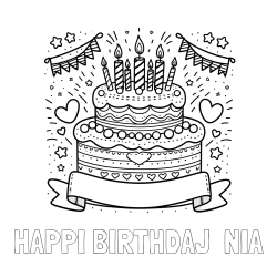 Online izdelana pobarvanka - Pobarvanka imena HAPPI BIRTHDAJ  NIA in pobarvanka velike torte za rojstni dan