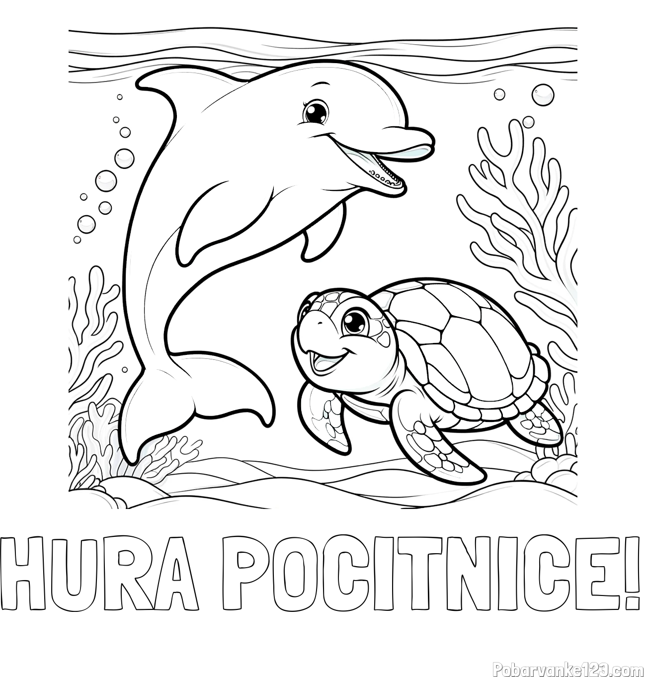 Pobarvanka imena HURA POČITNICE! in pobarvanka ljubkega delfina z želvo v morju