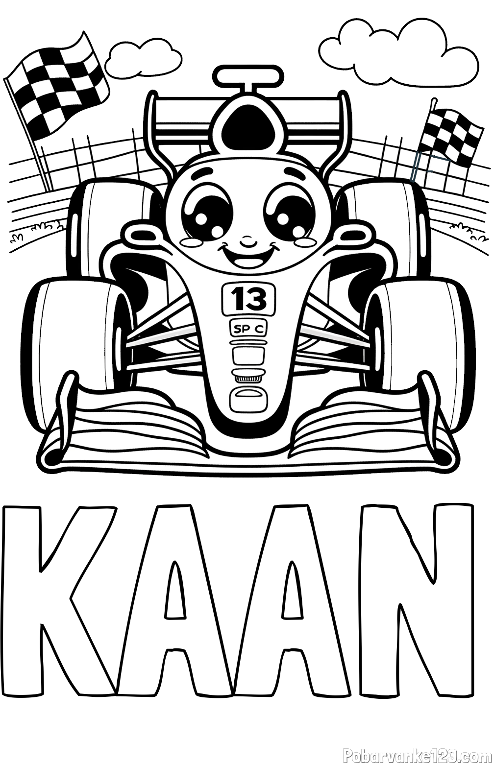Pobarvanka imena KAAN in otroška pobarvanka FORMULA 1