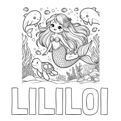 Online izdelana pobarvanka - Pobarvanka imena LILILOI in pobarvana ljubke morske deklice s prijatelji