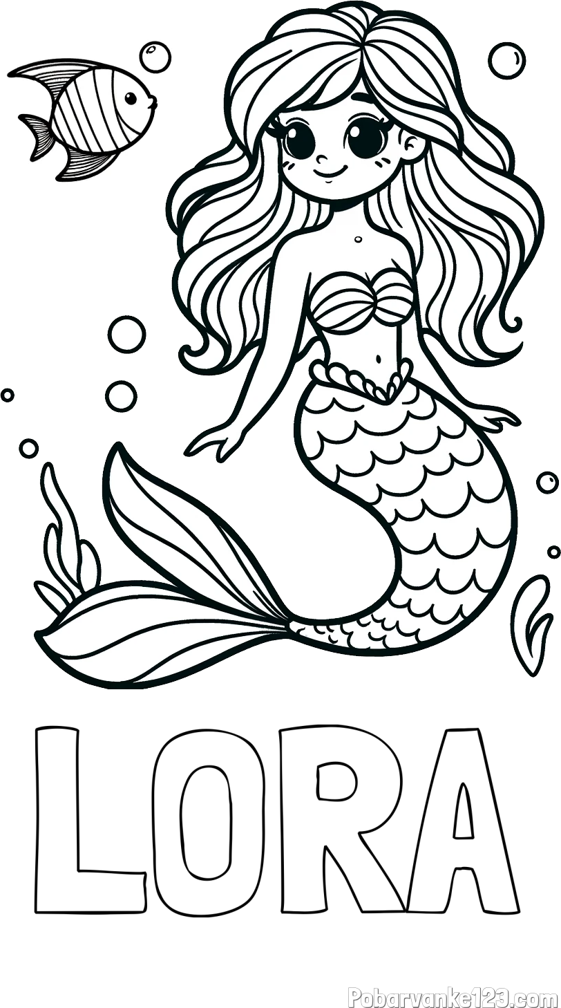 Pobarvanka imena LORA in pobarvanka male morske deklice in ribice