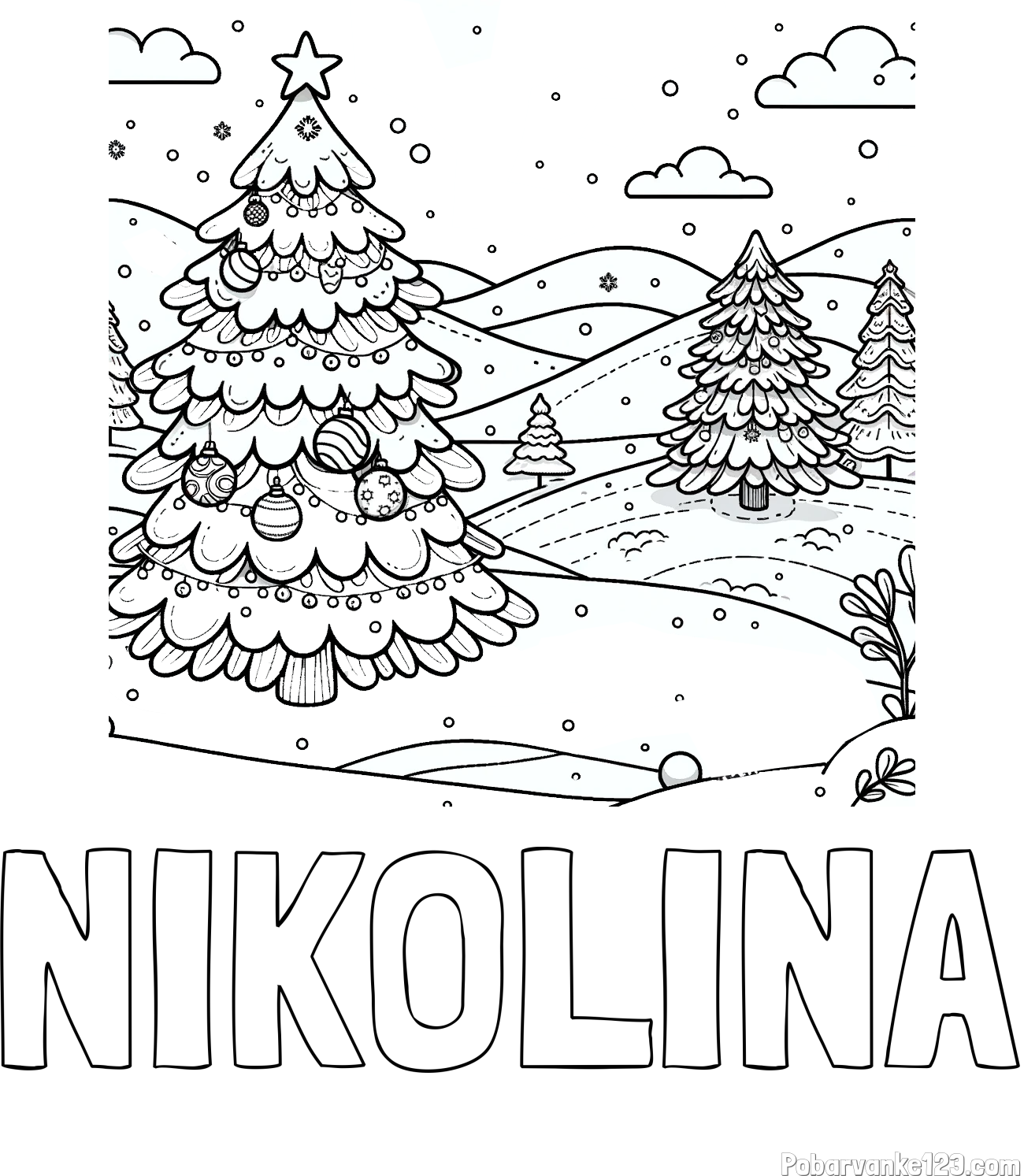 Pobarvanka imena NIKOLINA in pobarvanka božične smrečice v naravi