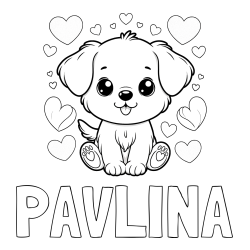 Online izdelana pobarvanka - Pobarvanka imena PAVLINA in pobarvanka ljubkega kužka obdanega s srčki