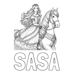 Online izdelana pobarvanka - Pobarvanka imena SAŠA in pobarvanka nasmejana princese na konju