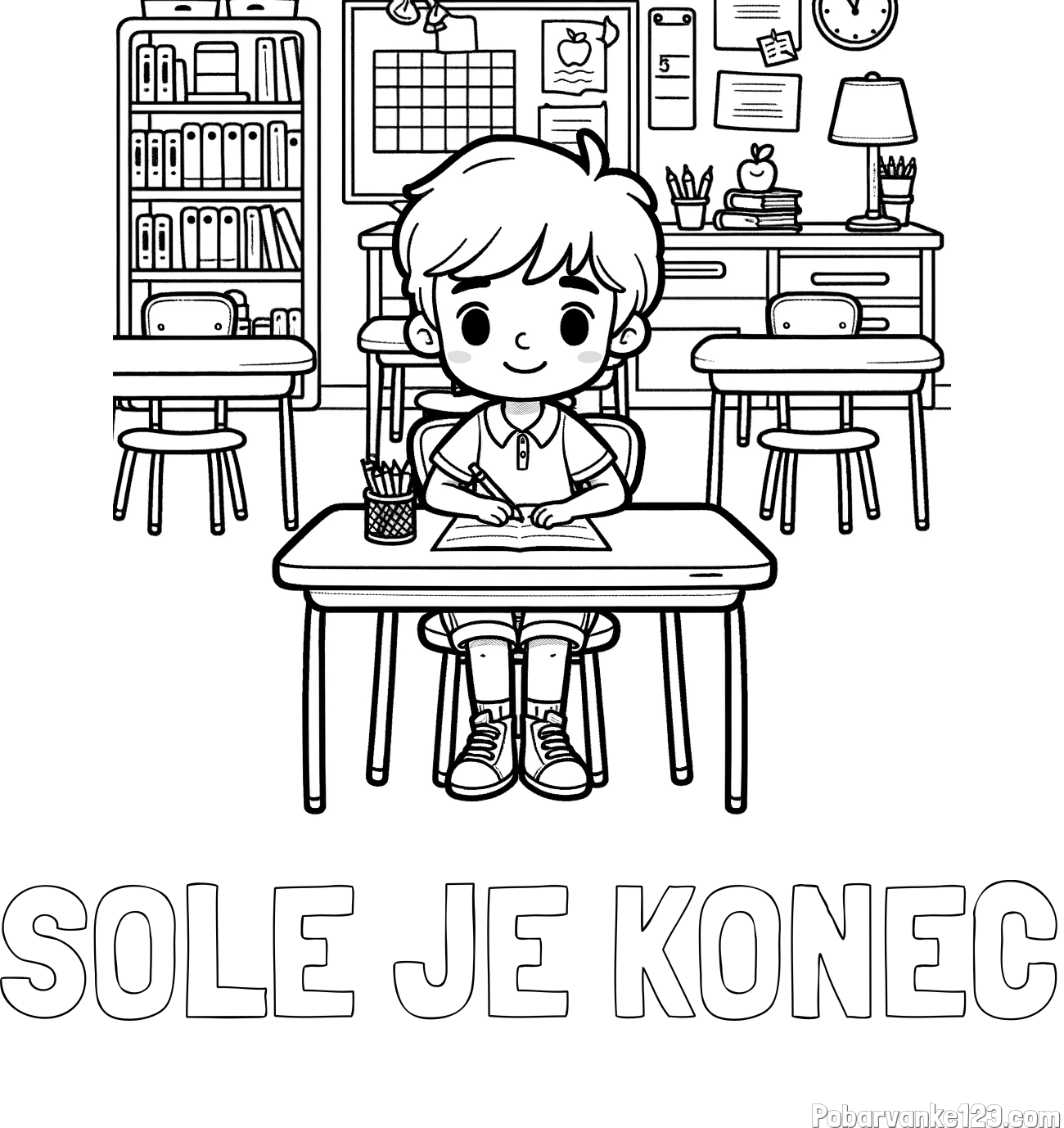 Pobarvanka imena ŠOLE JE KONEC in pobarvanka učenca v učilnici