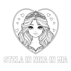 Online izdelana pobarvanka - Pobarvanka imena STELA IN NIKA IN MIA in pobarvanka princeske ter srčkov