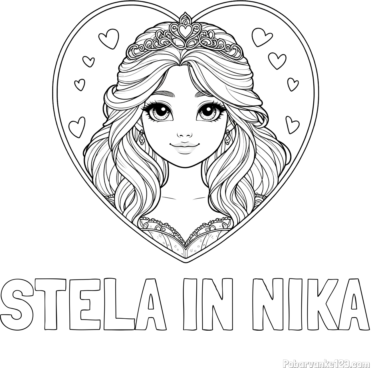 Pobarvanka imena STELA IN NIKA in pobarvanka princeske ter srčkov