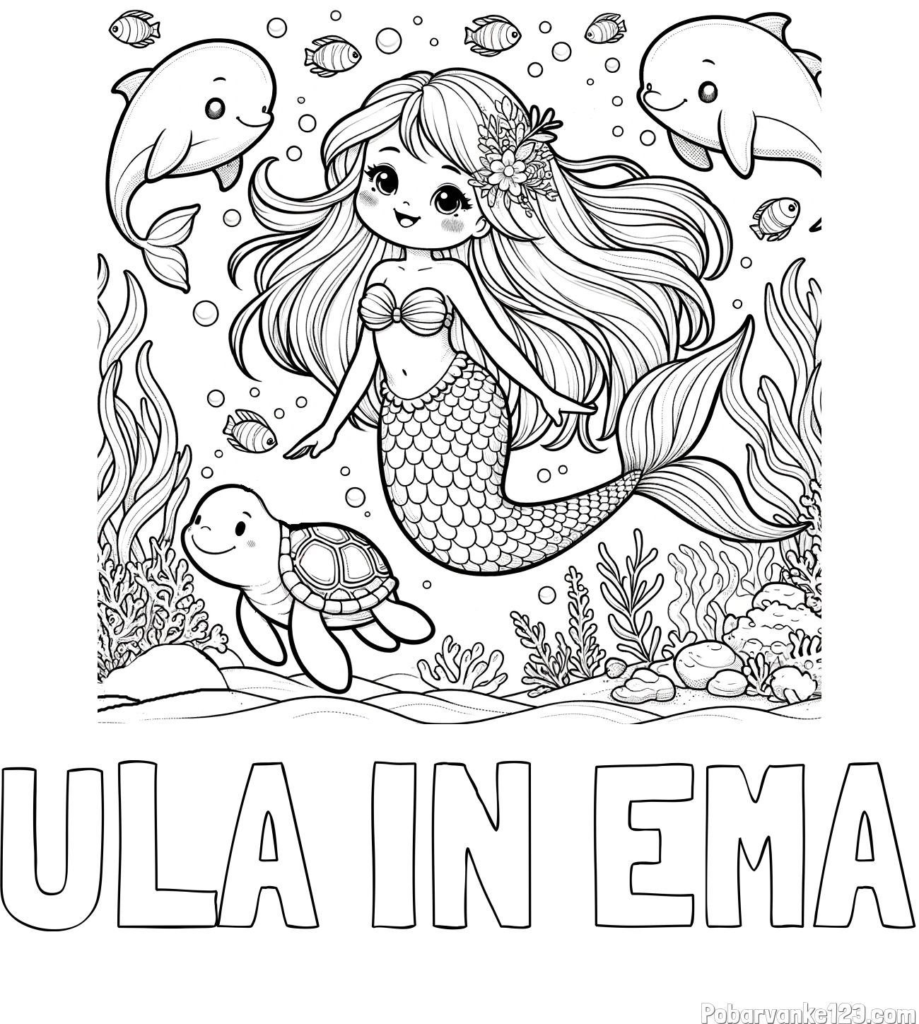 Pobarvanka imena ULA IN EMA in pobarvana ljubke morske deklice s prijatelji