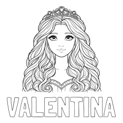 Online izdelana pobarvanka - Pobarvanka imena VALENTINA in pobarvanka ljubke princese z bujnimi lasmi