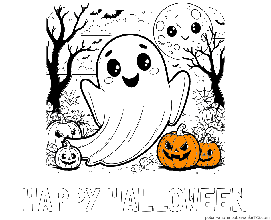 POBARVANA POBARVANKA - Pobarvanka imena HAPPY HALLOWEEN in pobarvanka ljubkega duhca in buč za noč čarovnic