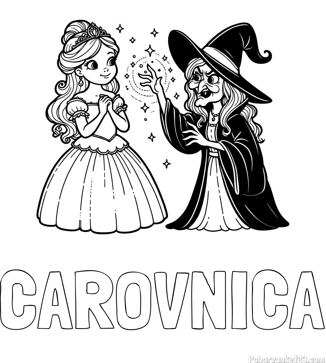 Pobarvanka imena ČAROVNICA in pobarvanka zlobne čarovnice, ki poskuša začarati princesko