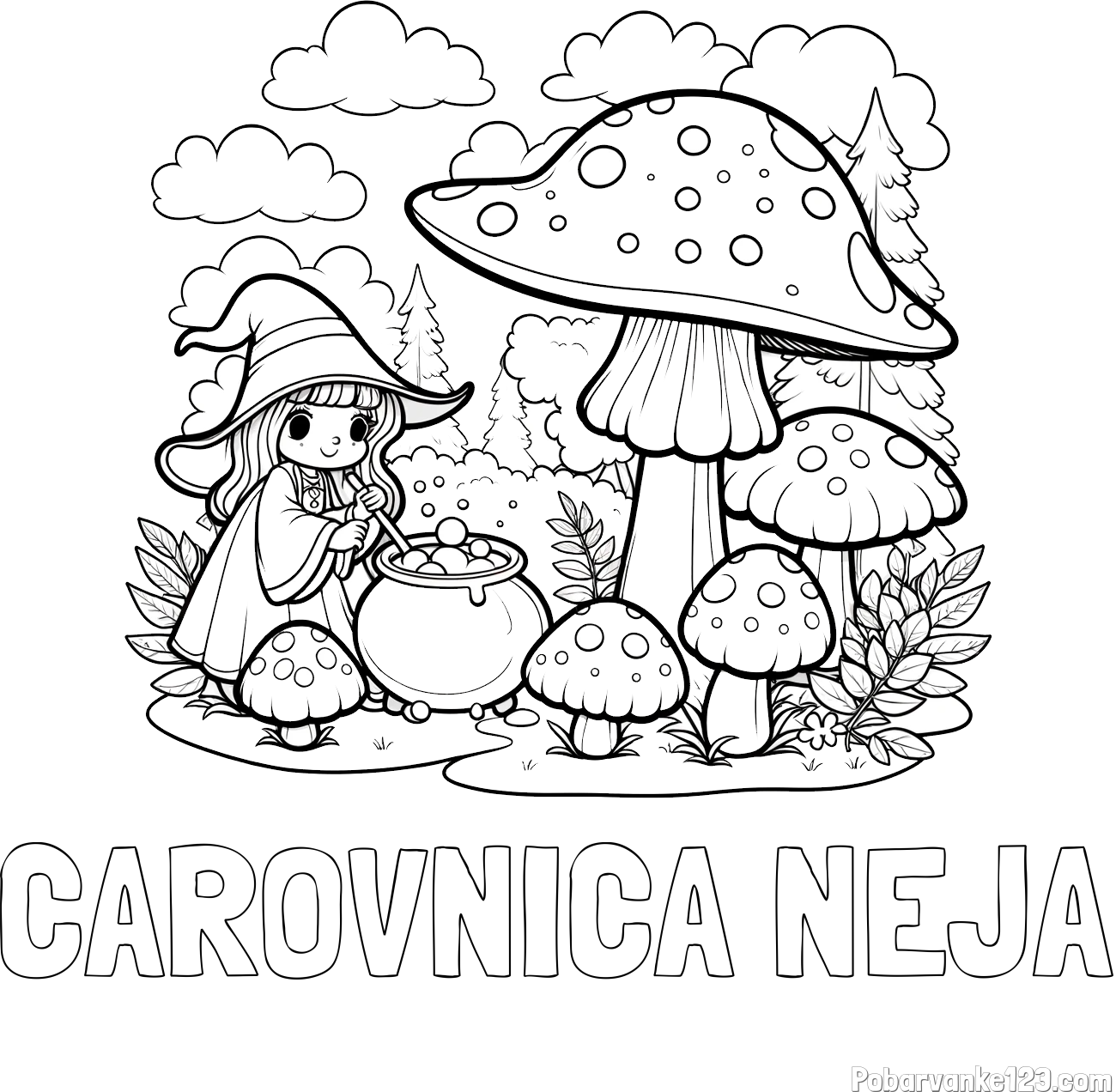 Pobarvanka imena ČAROVNICA NEJA in pobarvanka čarovnice med gobami