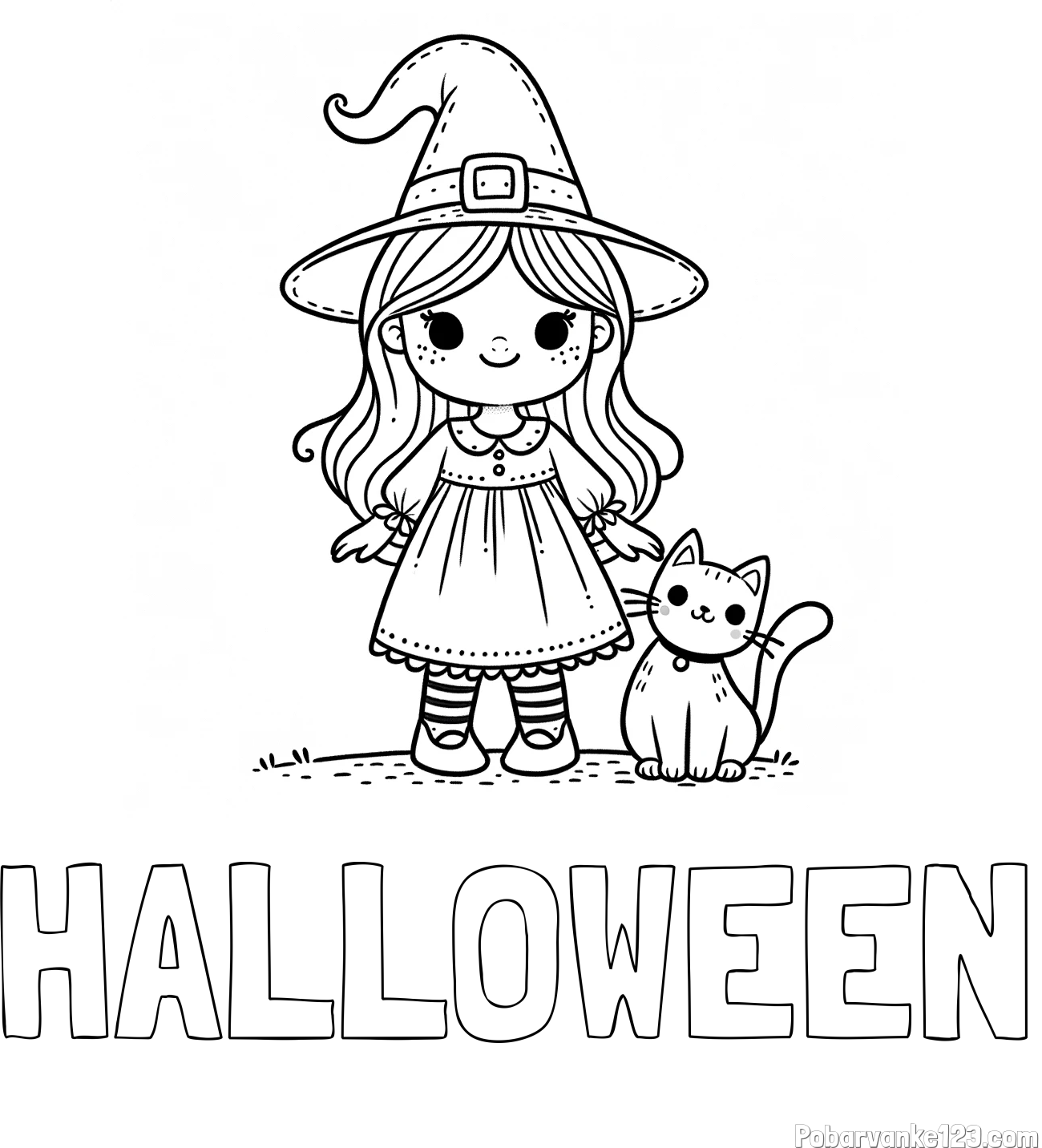Pobarvanka imena HALLOWEEN in Čudovita pobarvanka ljubke čarovnice in nasmejane mačke