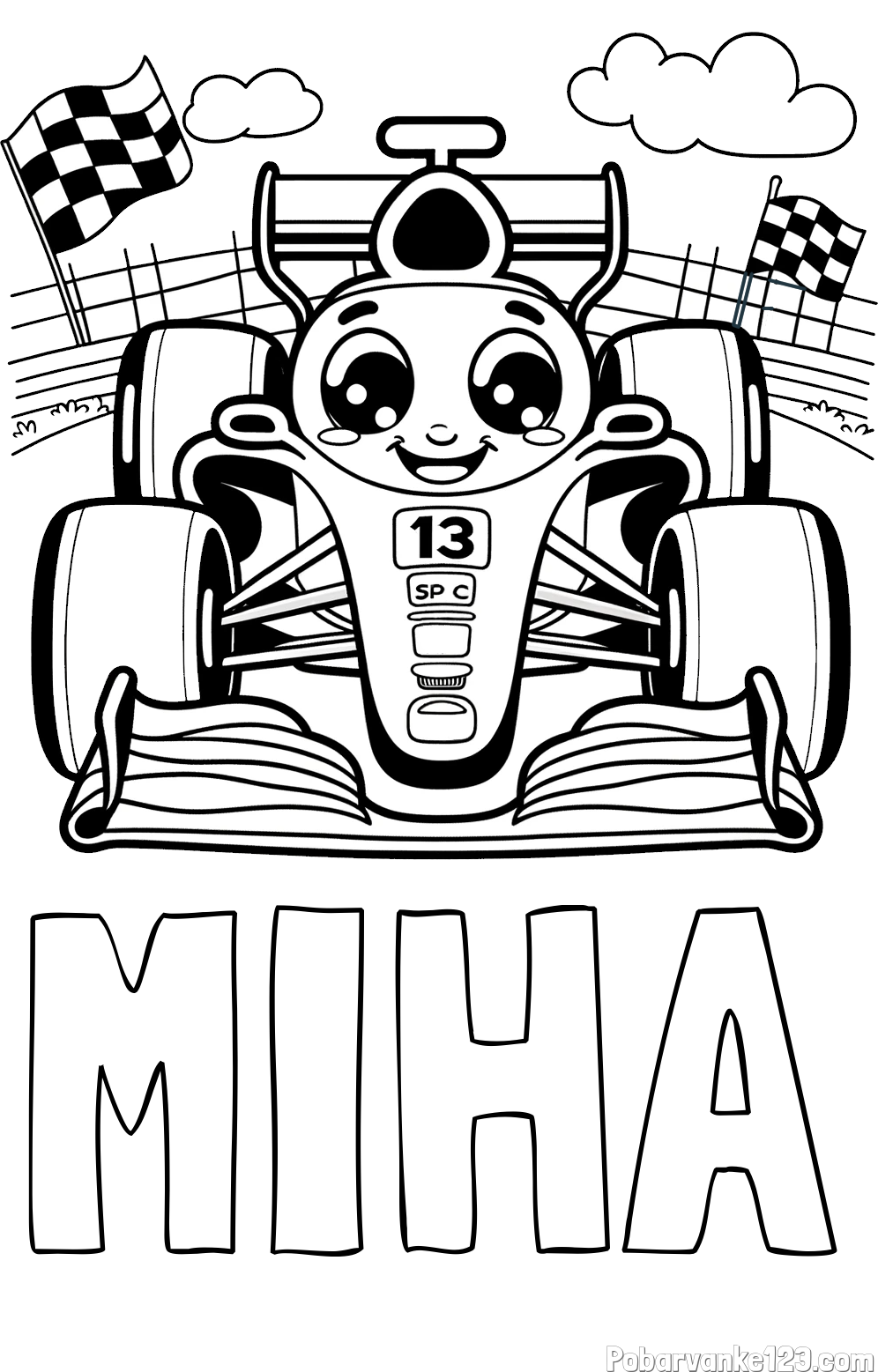 Pobarvanka imena MIHA in otroška pobarvanka FORMULA 1