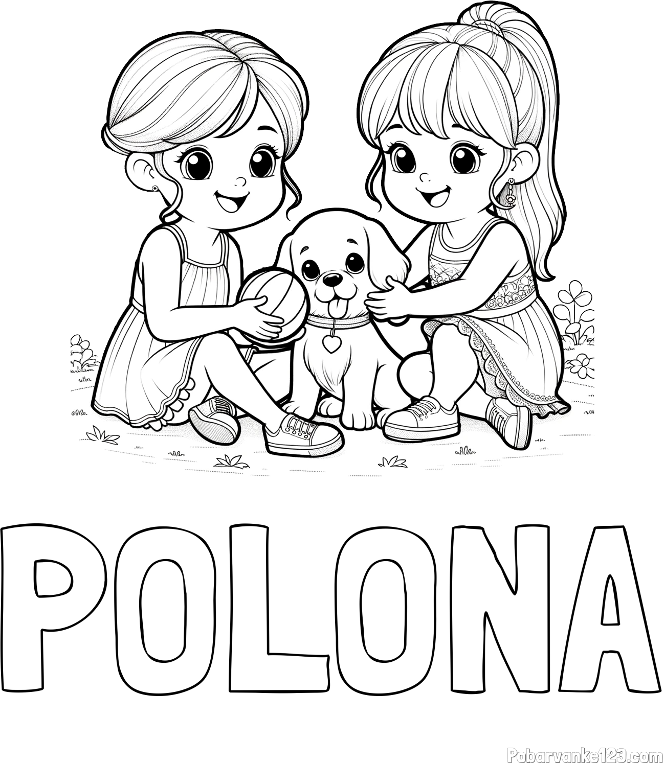 Pobarvanka imena POLONA in pobarvanka prijateljic s kužkom