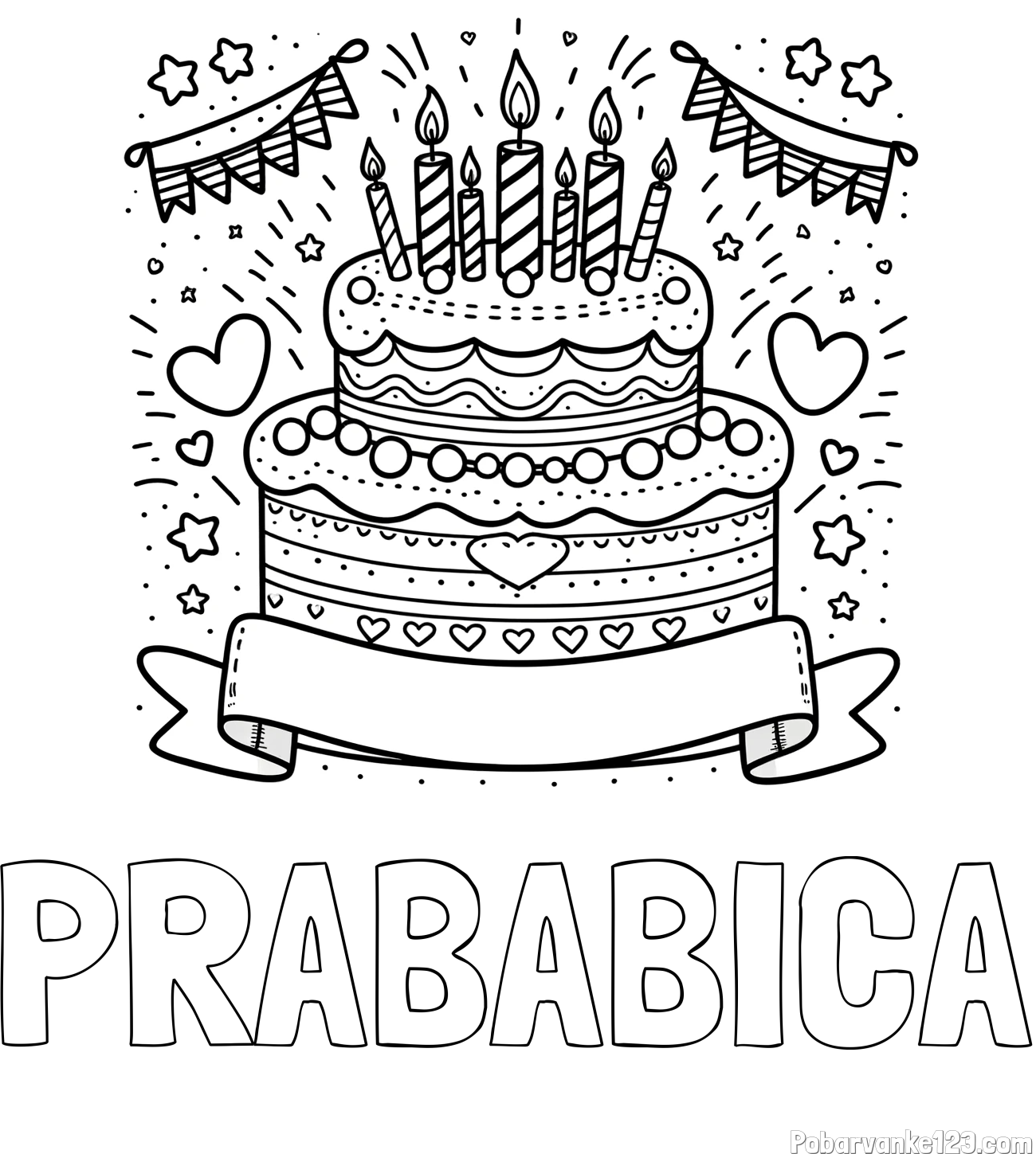 Pobarvanka imena PRABABICA in pobarvanka velike torte za rojstni dan