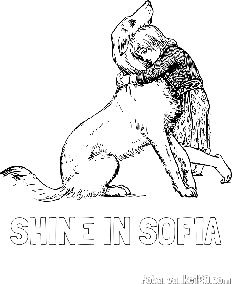 Pobarvanka imena SHINE IN SOFIA in pobarvanka prikupnega kužka, ki ga objema mala deklica