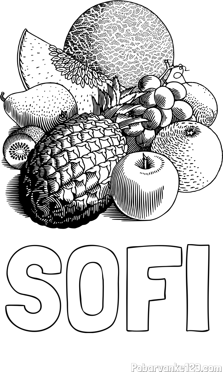 Pobarvanka imena SOFI in pobarvanka sadja (ananas, melona, jabolka, kivi, grozdje, pomaranča...)
