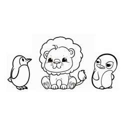 Pobarvanka prikupnega levčka in dveh hudomušnih pingvinčkov