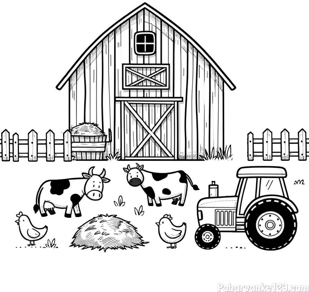 Otroška pobarvanka velikega senika, krav in traktorja