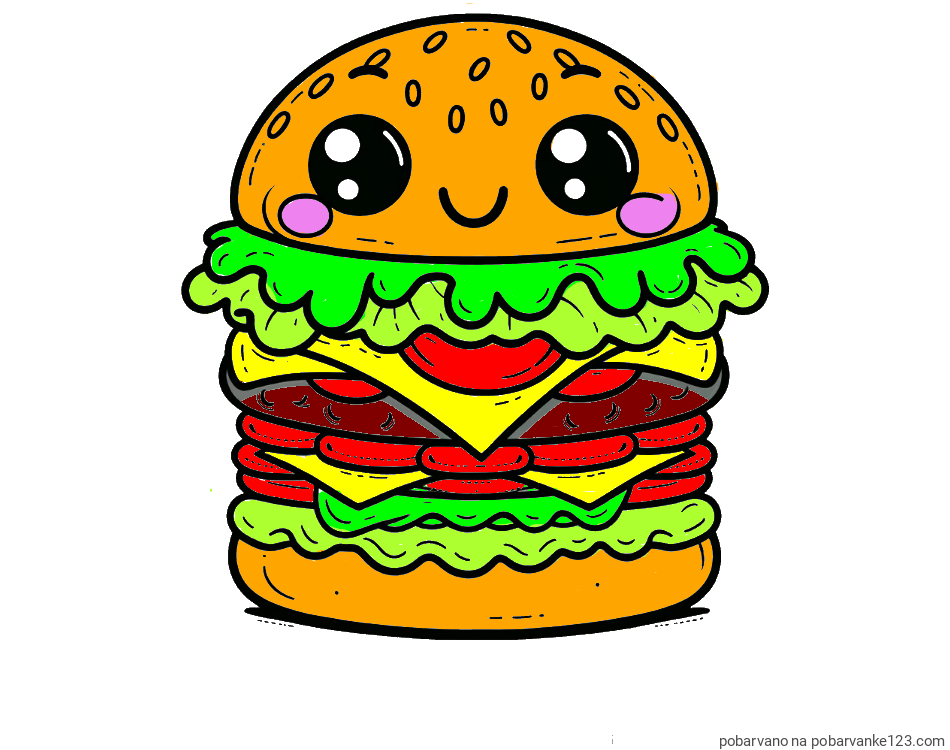 POBARVANA POBARVANKA - Otroška pobarvanka nasmejanega hamburgerja