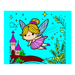 Pobarvana pobarvanka - Pobarvanka čarobne vile, ki leti nad pravljično pokrajino