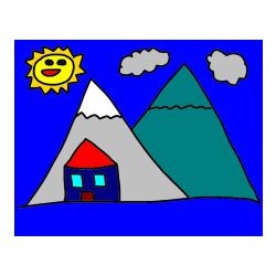 Pobarvana pobarvanka - Pobarvanka hiške, gora ter nasmejanega sončka