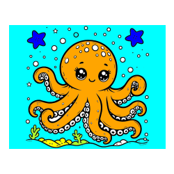 Pobarvana pobarvanka - Pobarvanka hobotnice v morju obdane z morskimi zvezdami