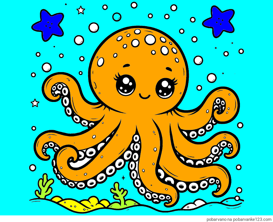 POBARVANA POBARVANKA - Pobarvanka hobotnice v morju obdane z morskimi zvezdami