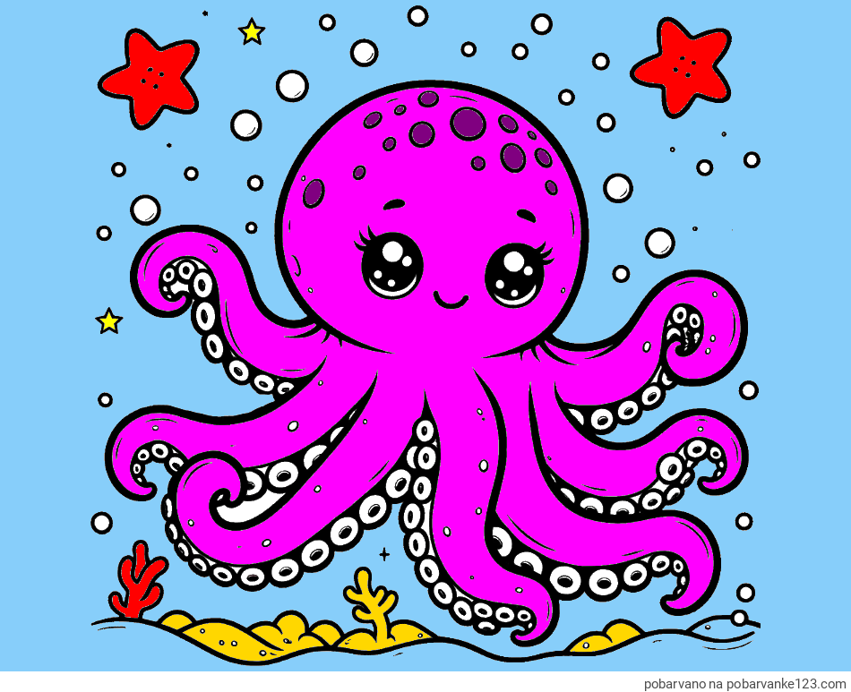 POBARVANA POBARVANKA - Pobarvanka hobotnice v morju obdane z morskimi zvezdami