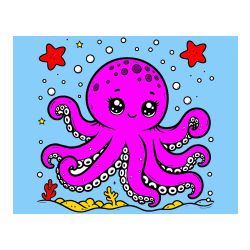 Pobarvana pobarvanka - Pobarvanka hobotnice v morju obdane z morskimi zvezdami