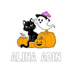 Pobarvana pobarvanka - Pobarvanka imena ALINA  ADIN in pobarvanka prijaznega duhca, črne mačke ter buč za noč čarovnic
