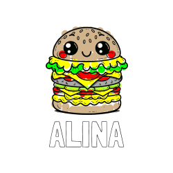 Pobarvana pobarvanka - Pobarvanka imena ALINA in otroška pobarvanka nasmejanega hamburgerja