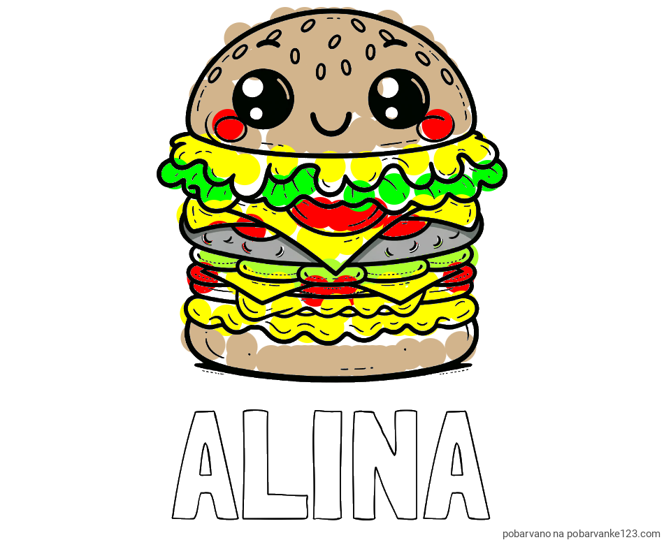 POBARVANA POBARVANKA - Pobarvanka imena ALINA in otroška pobarvanka nasmejanega hamburgerja