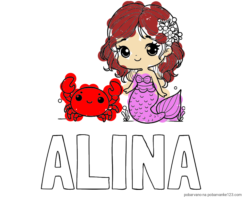 POBARVANA POBARVANKA - Pobarvanka imena ALINA in pobarvanka ljubke morske deklice in veselega raka
