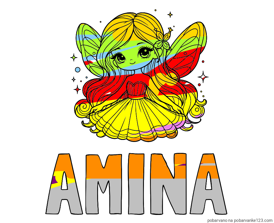 POBARVANA POBARVANKA - Pobarvanka imena AMINA in pobarvanka ljubke in nasmejane čarobne vile