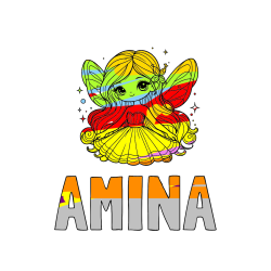 Pobarvana pobarvanka - Pobarvanka imena AMINA in pobarvanka ljubke in nasmejane čarobne vile