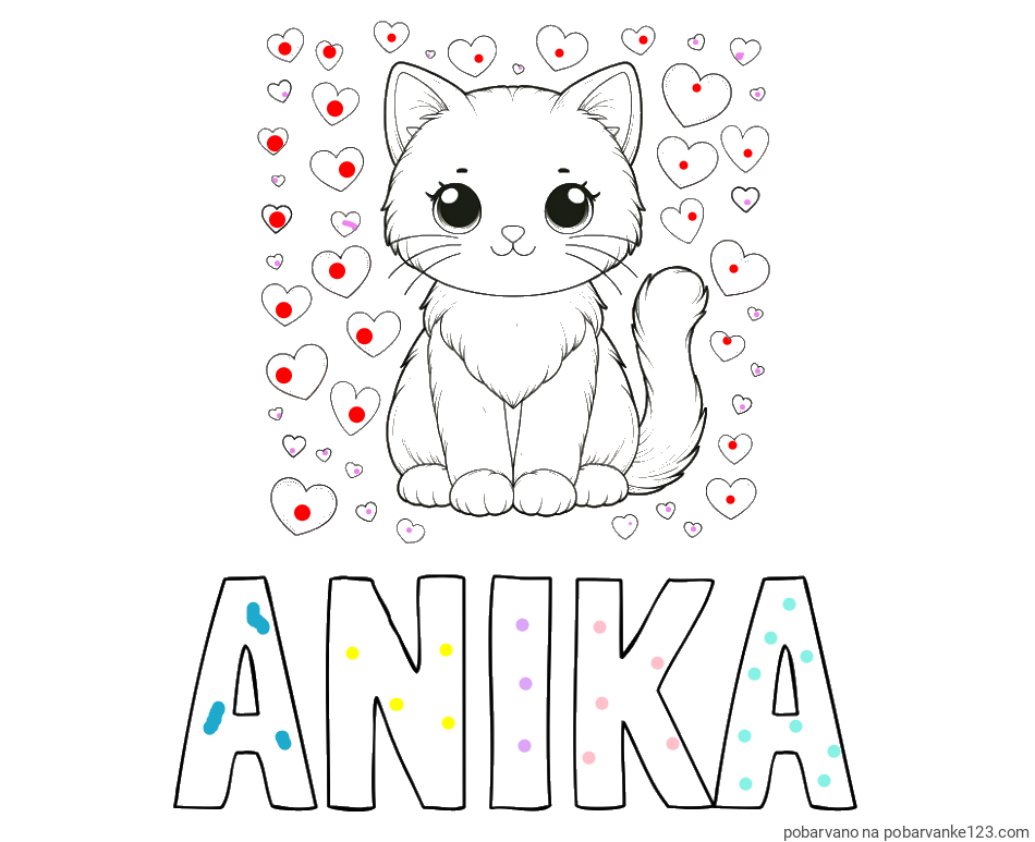 POBARVANA POBARVANKA - Pobarvanka imena ANIKA in pobarvanka ljubke mucke obdane s srčki