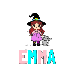 Pobarvana pobarvanka - Pobarvanka imena EMMA in Čudovita pobarvanka ljubke čarovnice in nasmejane mačke