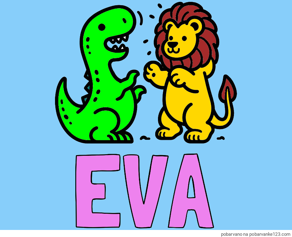 POBARVANA POBARVANKA - Pobarvanka imena EVA in pobarvanka dinozavra, ki napada leva