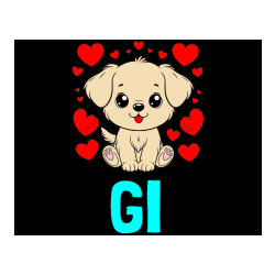 Pobarvana pobarvanka - Pobarvanka imena GI in pobarvanka ljubkega kužka obdanega s srčki