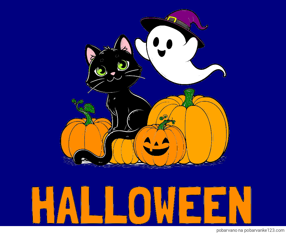 POBARVANA POBARVANKA - Pobarvanka imena HALLOWEEN in pobarvanka prijaznega duhca, črne mačke ter buč za noč čarovnic