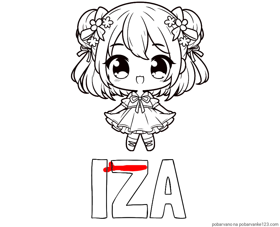 POBARVANA POBARVANKA - Pobarvanka imena IZA in otroška pobarvanka punčke v japonskem anime slogu