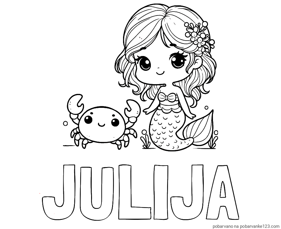 POBARVANA POBARVANKA - Pobarvanka imena JULIJA in pobarvanka ljubke morske deklice in veselega raka